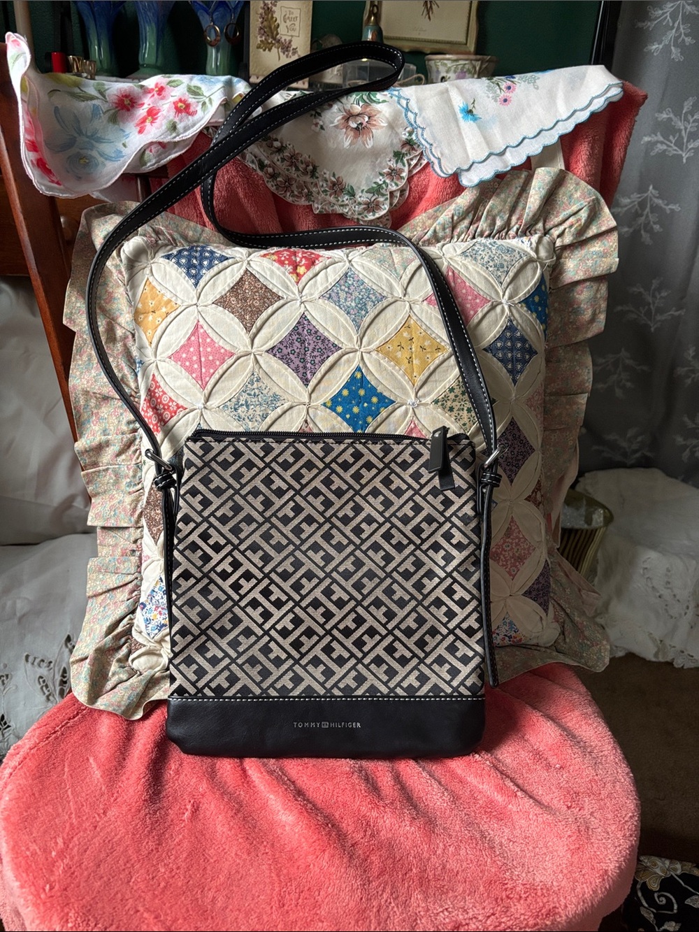 Tommy Hilfiger Black & Beige Signature Jacquard Crossbody Bag